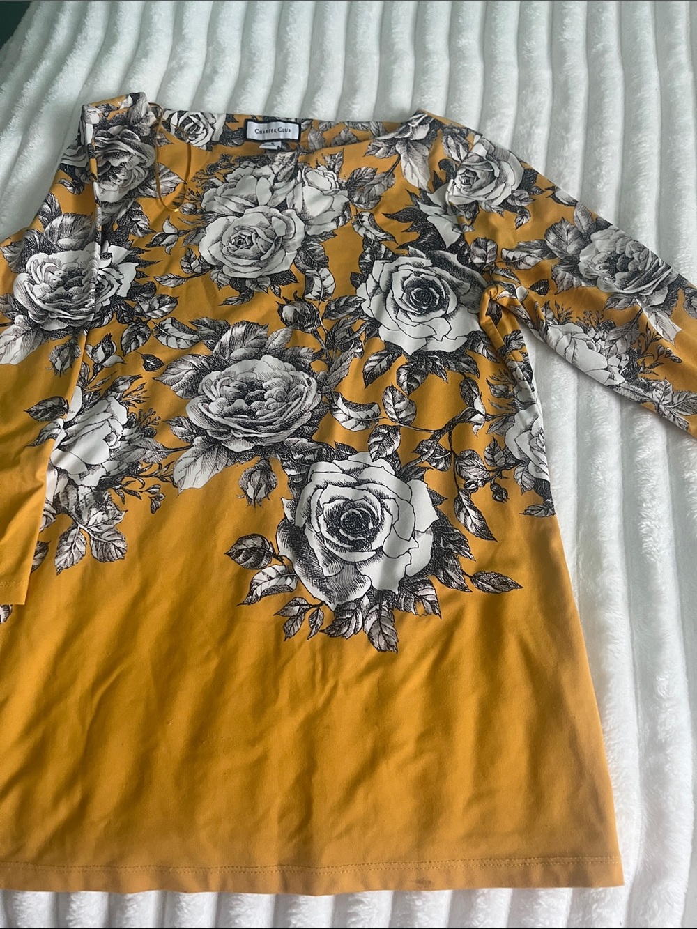 Charter Club Mustard Floral Top with Black & White Rose Print